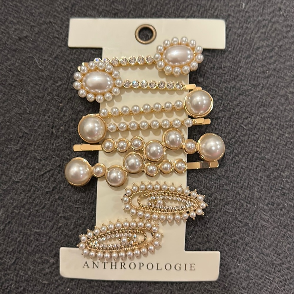 Anthropologie Vintage inspired Gold and Pearl Hair Clips set of 8 NWT Sold out!